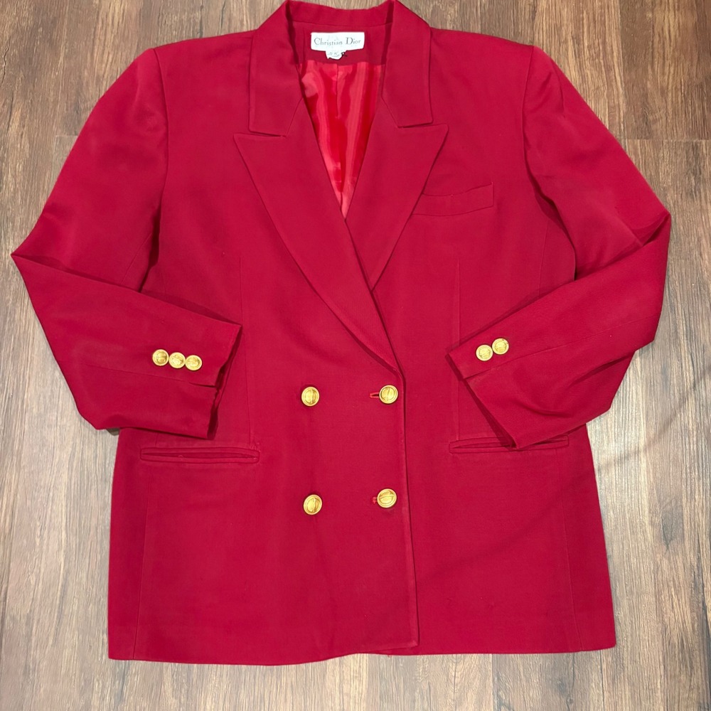 Vintage Christian Dior Burgundy Wool Blazer Double Breasted Gold Button 16
